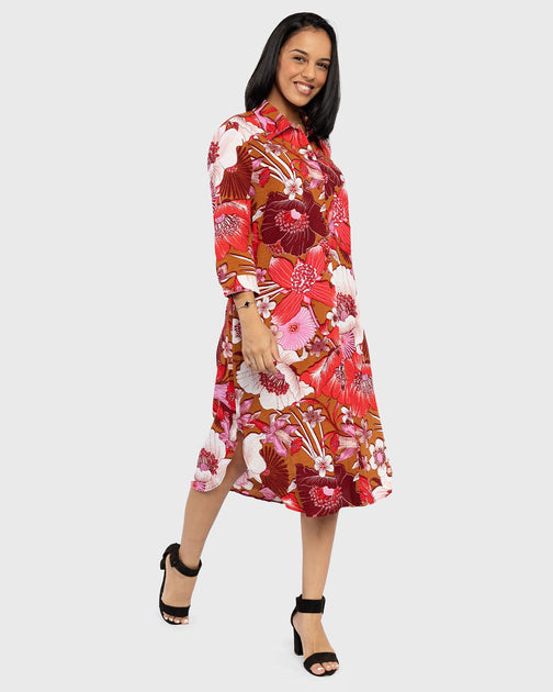 ORANGE & PINK FLORAL BUTTON UP SHIRT DRESS Fashion4less.co.za