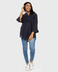 Load image into Gallery viewer, NAVY CUT OUT DESIGN BUTTON UP SHIRT
