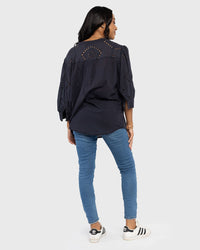 Load image into Gallery viewer, NAVY CUT OUT DESIGN BUTTON UP SHIRT
