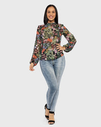 Load image into Gallery viewer, BLACK FLORAL LONG SLEEVE TOP
