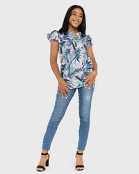 Load image into Gallery viewer, BLUE &amp; PINK FRILL SLEEVE TOP
