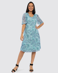 Load image into Gallery viewer, NAVY &amp; SAGE PAISLEY MESH DRESS
