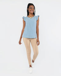 Load image into Gallery viewer, DENIM FRILL SLEEVE TANK LIGHT WASH
