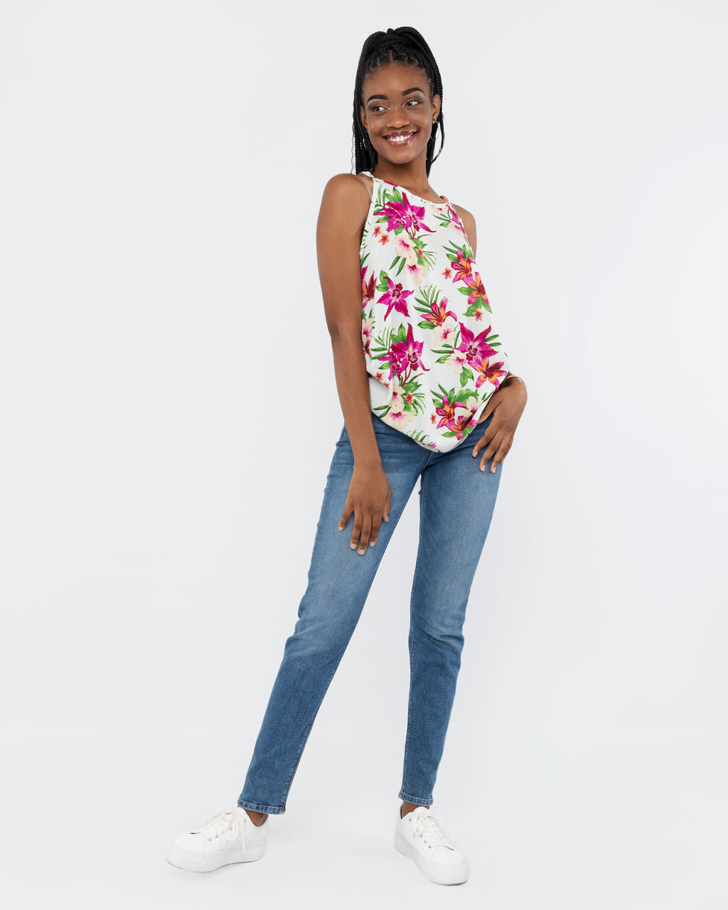 WHITE , CERISE & GREEN FLORAL TOP
