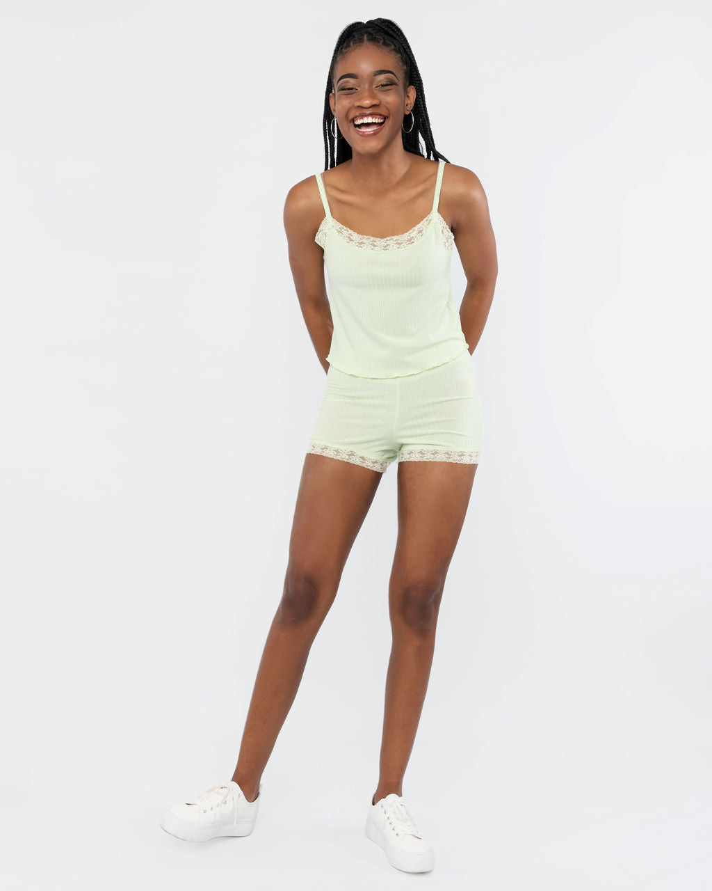 SAGE RIB FITTED SHORTS WITH LACE TRIM