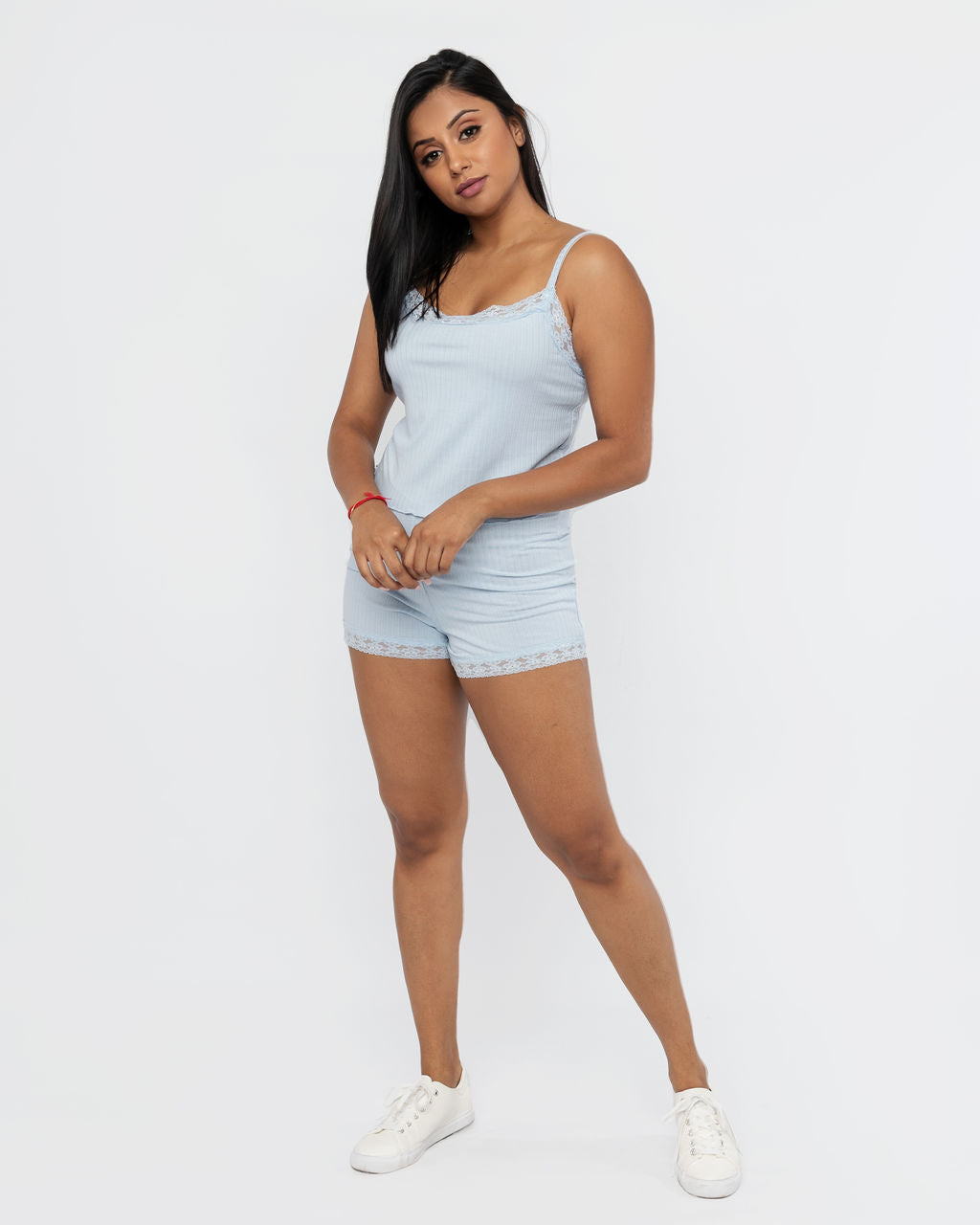 PALE BLUE RIB CAMI WITH LACE TRIM