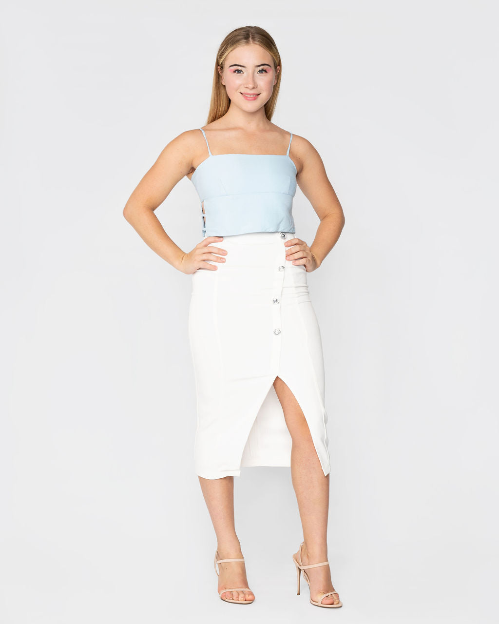 CREAM BODYCON SKIRT WITH BUTTON DETAIL
