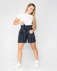 Load image into Gallery viewer, NAVY &amp; WHITE STRIPE PAPERBAG SHORTS
