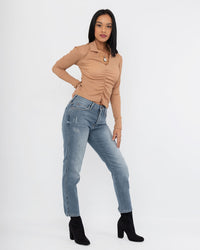 Load image into Gallery viewer, BROWN LONG SLEEVE COLLAR TOP
