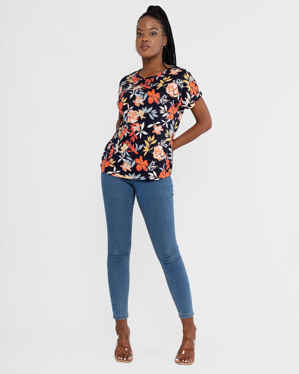 NAVY & ORANGE FLORAL TOP