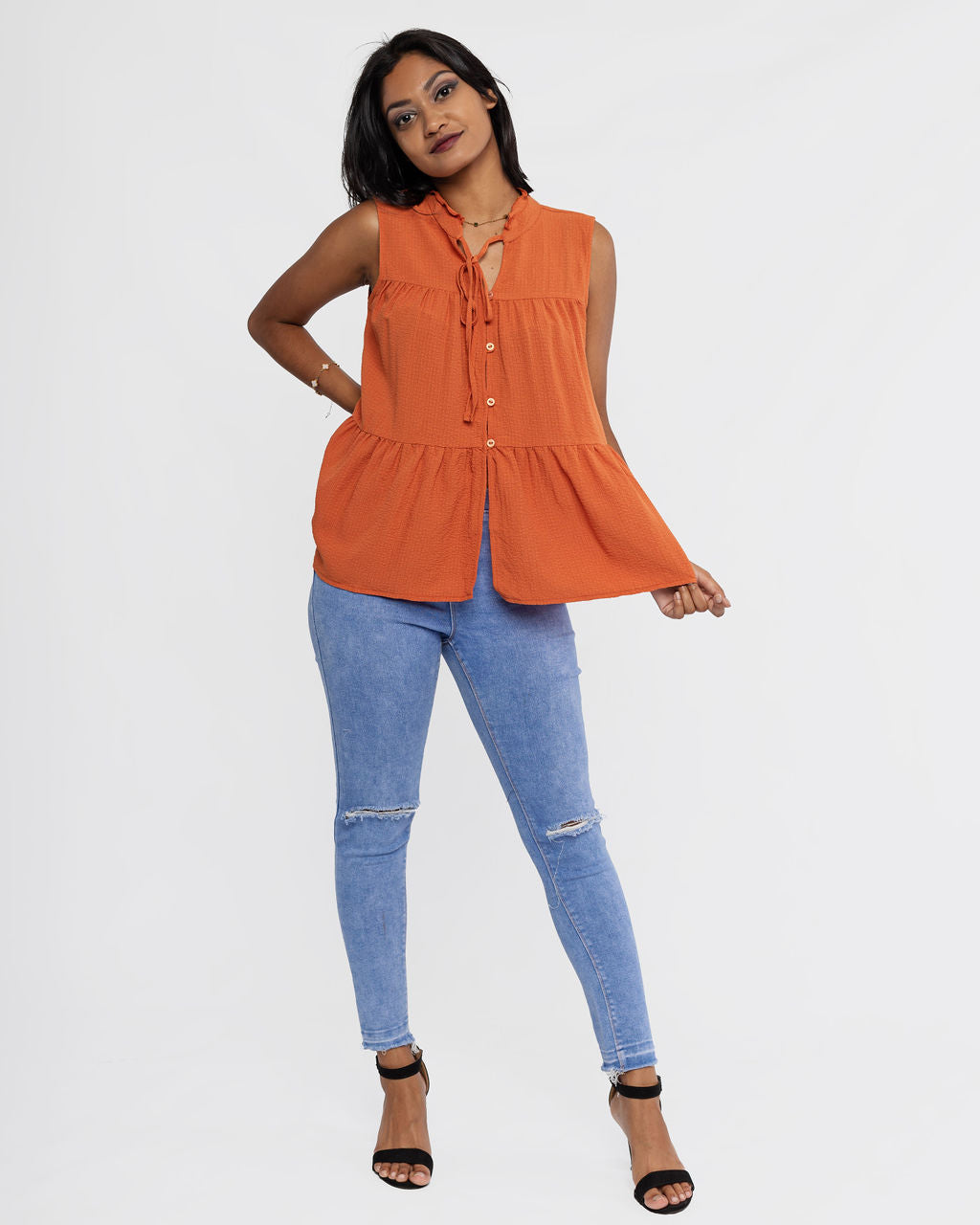 RUST TIERED BUTTON UP TOP