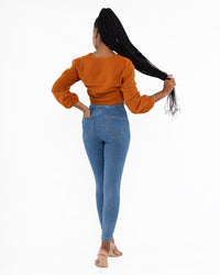 Load image into Gallery viewer, BROWN PUFF SLEEVE CROP TOP
