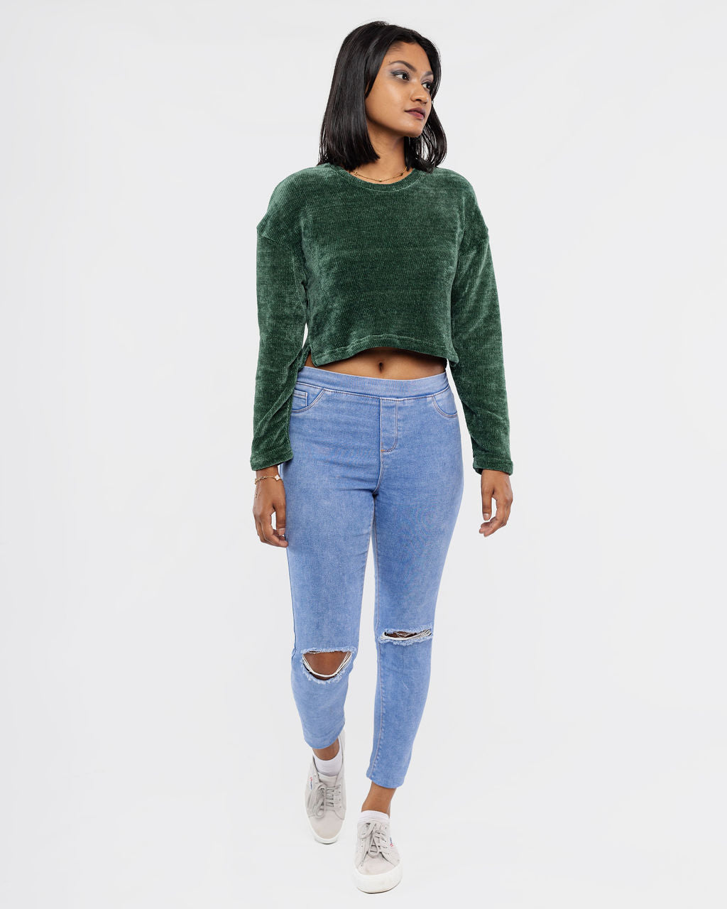 BOTTLE GREEN LONG SLEEVE CROP SWEATER