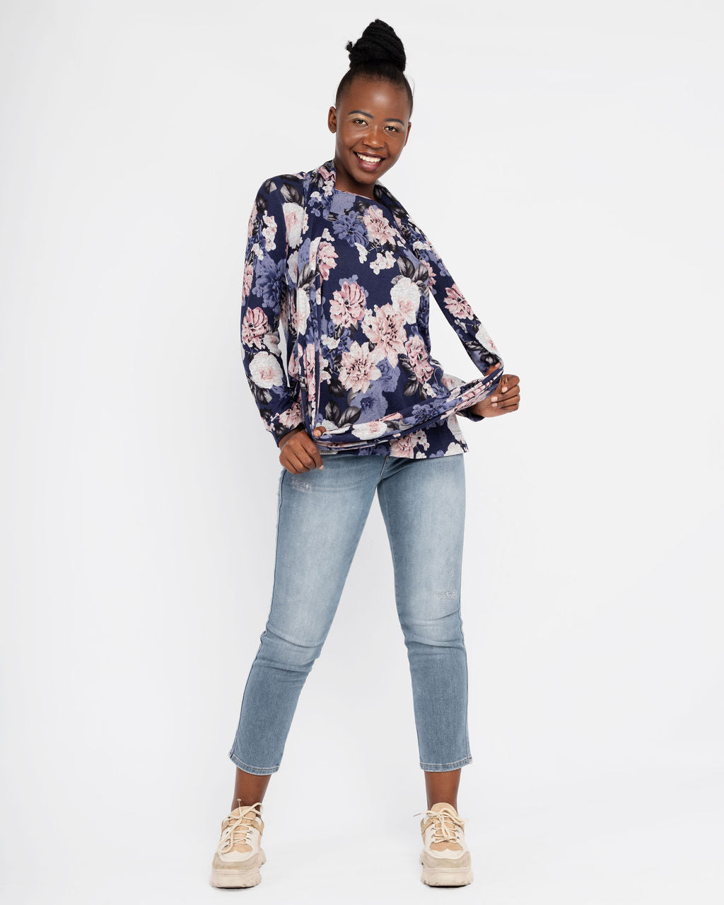 NAVY & PINK FLORAL LONG SLEEVE TOP WITH SNOOD