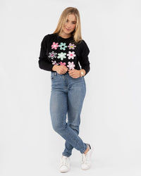 Load image into Gallery viewer, BLACK PRINTED LONG SLEEVE BOXY CROP TOP
