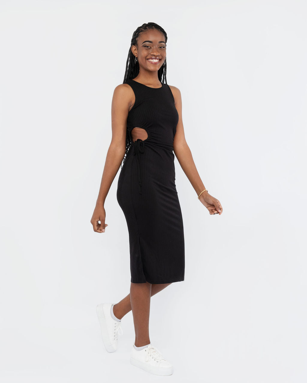 BLACK RIBBED SIDE CUT OUT MIDI DRESS BLACK RIBBED SIDE CUT OUT MIDI DRESS
