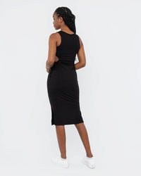 Load image into Gallery viewer, BLACK RIBBED SIDE CUT OUT MIDI DRESS
