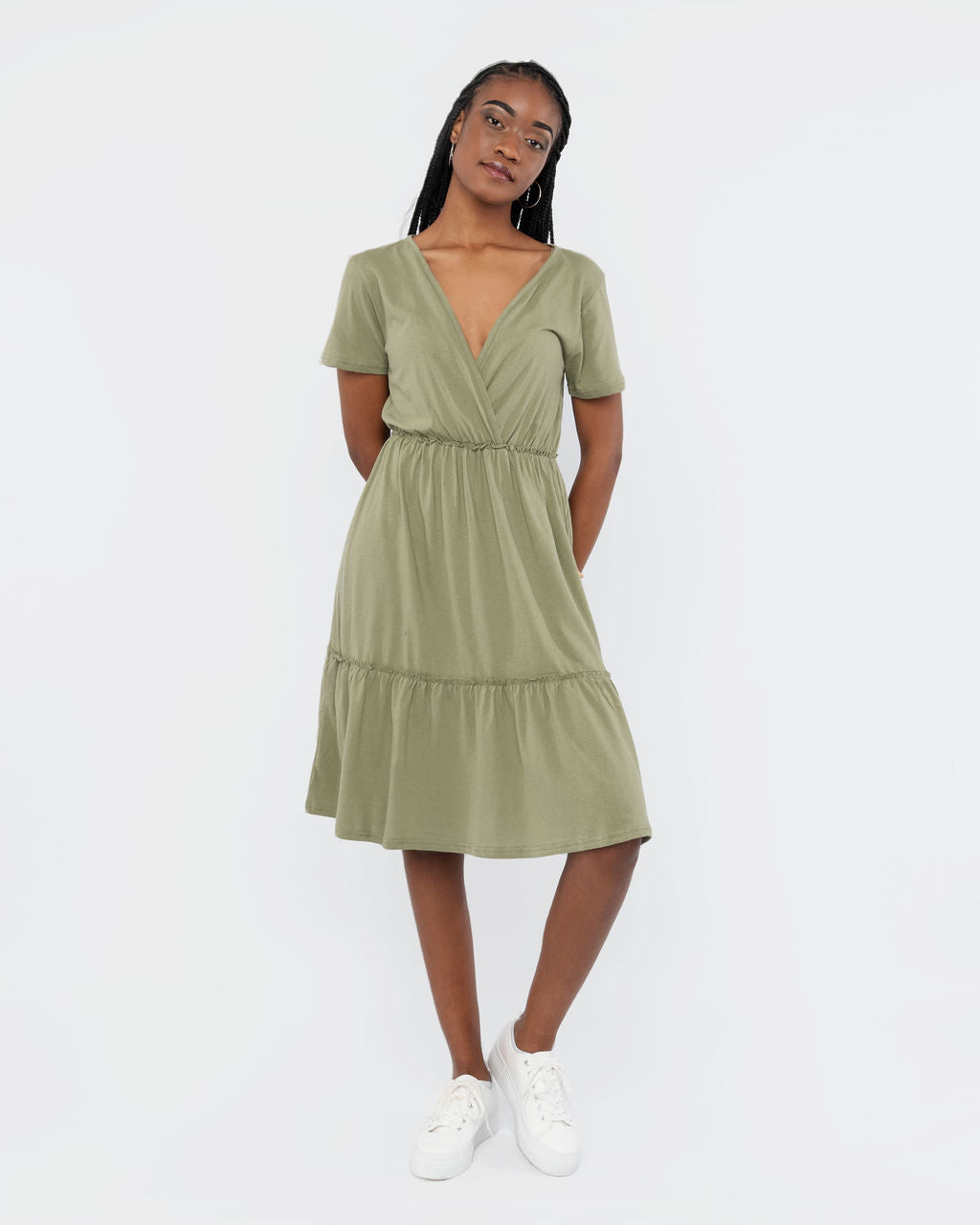 OLIVE V NECK TIERED DRESS