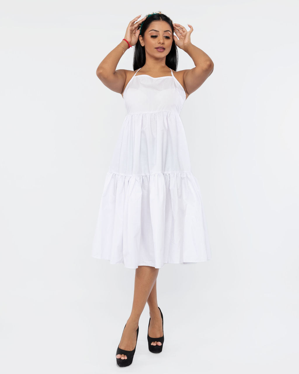 WHITE FIT & FLARE TIERED STRAPPY TIE BACK DRESS