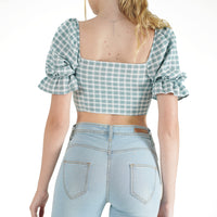 Load image into Gallery viewer, SAGE &amp; WHITE GINGHAM PUFF SLEEVE CROP TOP
