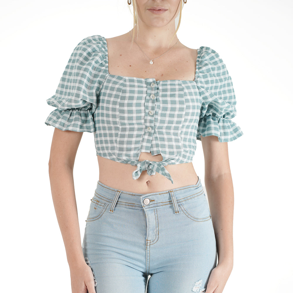 gingham puff sleeve crop top