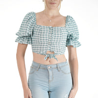 Load image into Gallery viewer, SAGE &amp; WHITE GINGHAM PUFF SLEEVE CROP TOP
